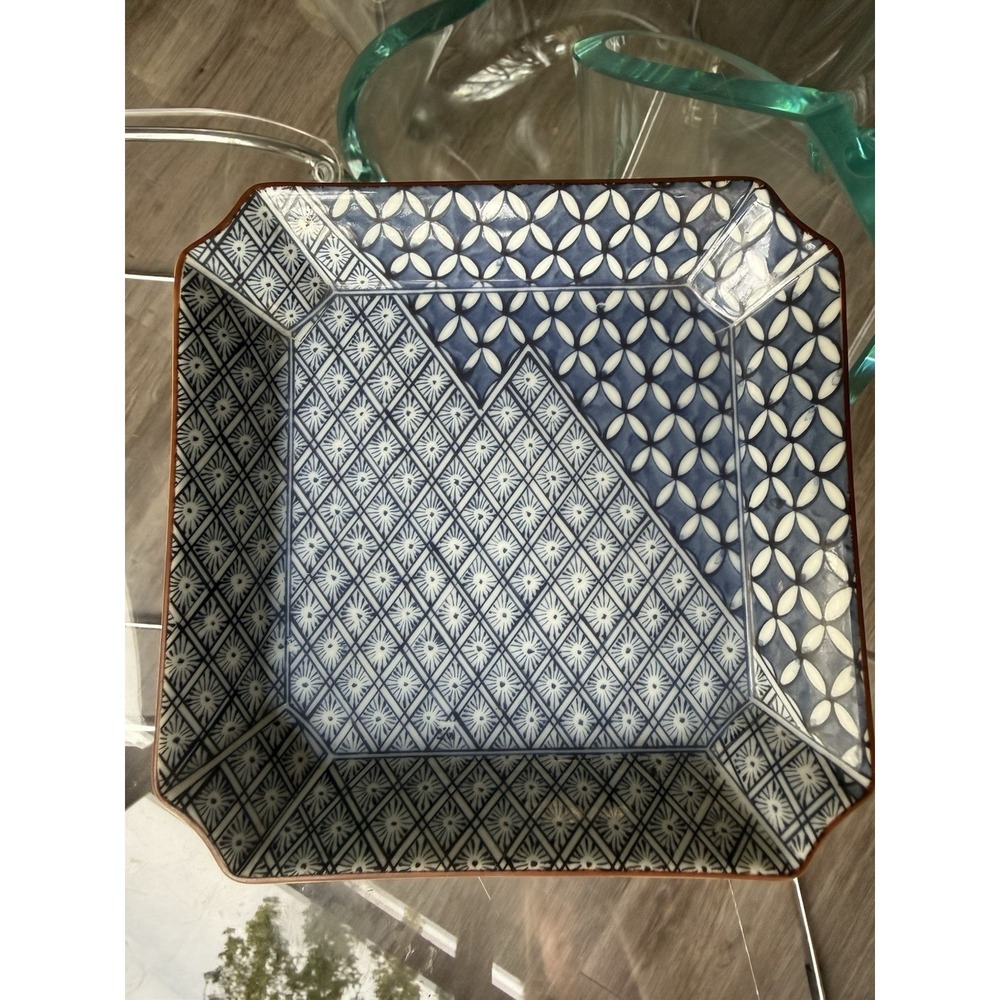 Japanese Blue White Porcelain‎ Geometric Pattern Arita Style Square Trinket Dish